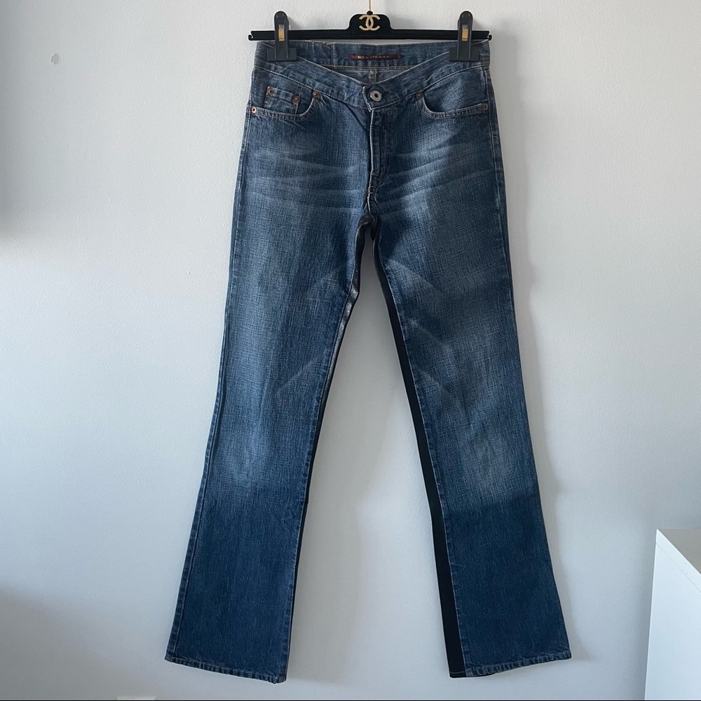 No.l.ita N.Y.C. blue jeans size 26 leather detail inner legs back faded graffiti